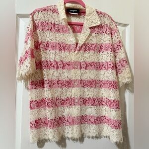 Dsqaured2 Lace Striped Red & White Button Up Top Men’s Size 48